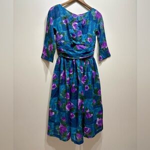 Vintage Jonathan Logan 80s Floral Flowy Pleated Midi Dress Teal Purple